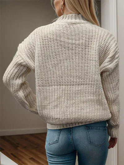 Explore More Collection - Cable-Knit Mock Neck Long Sleeve Sweater