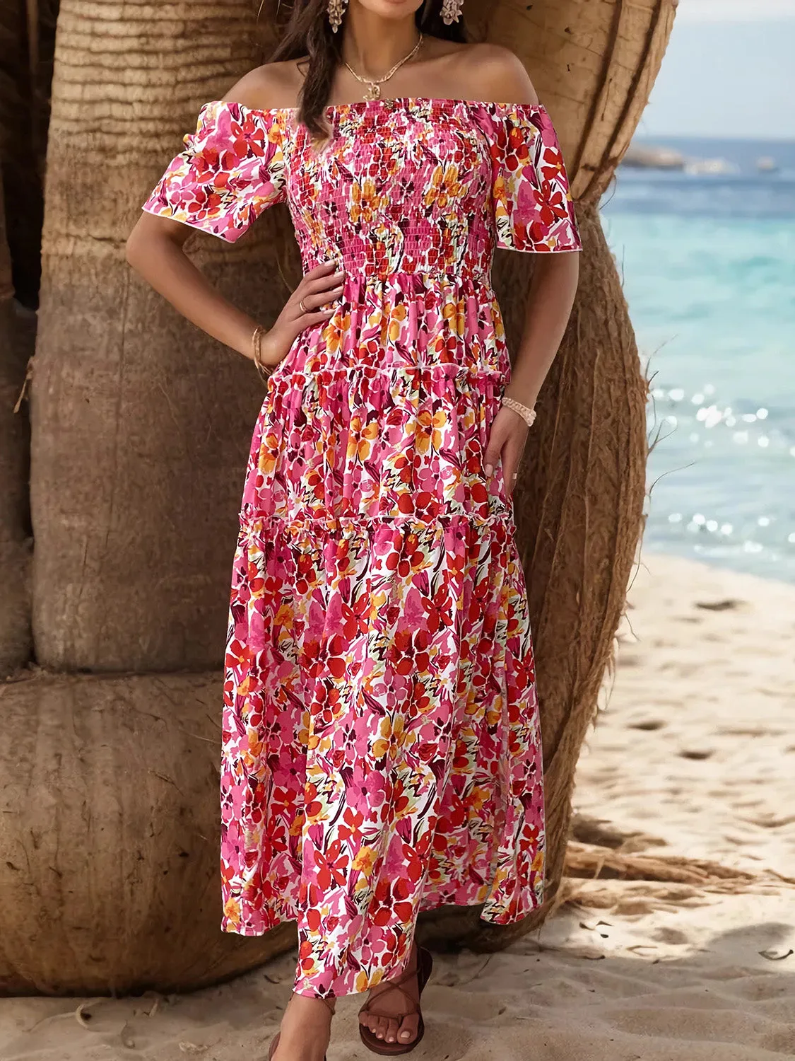 Explore More  Collection - Slit Floral Off-Shoulder Short Sleeve Dress