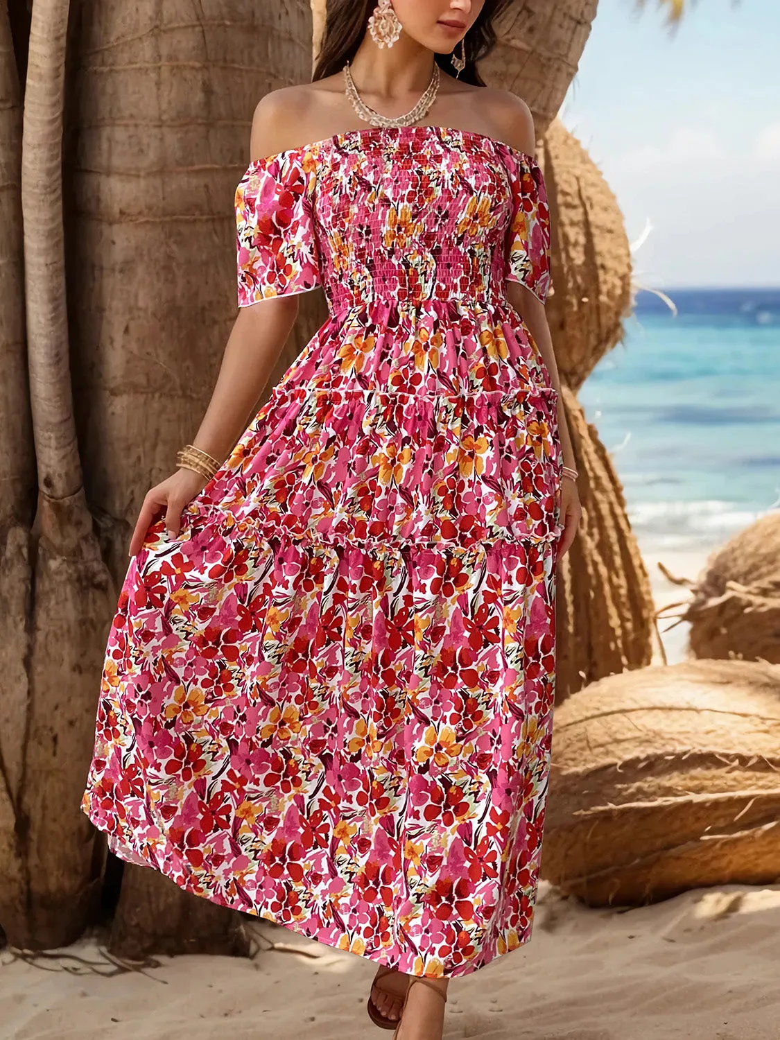 Explore More  Collection - Slit Floral Off-Shoulder Short Sleeve Dress