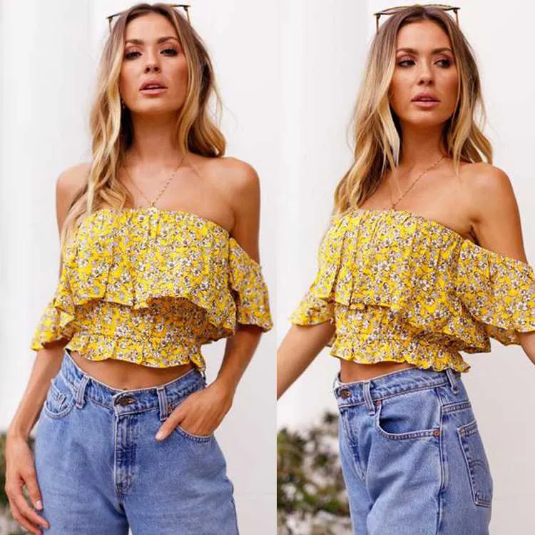 Floral Off The Shoulder Ruffle Layered Strapless Flounce Summer Top