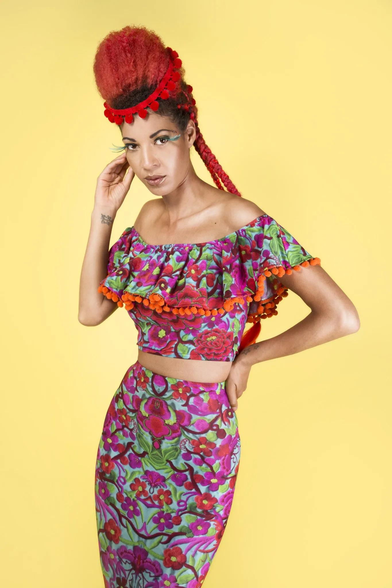 FOLKLORICO OFF SHOULDER POM POM FRILL CROP TOP