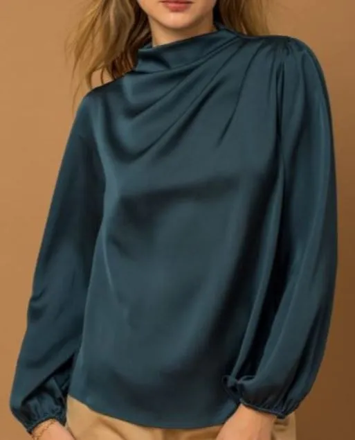 Gilli Teal Mock Neck Long Sleeve Satin Blouse