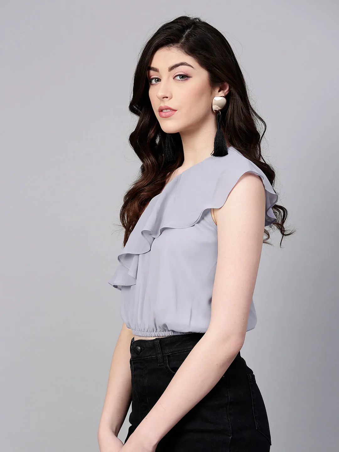 Grey One Shoulder Crop Top