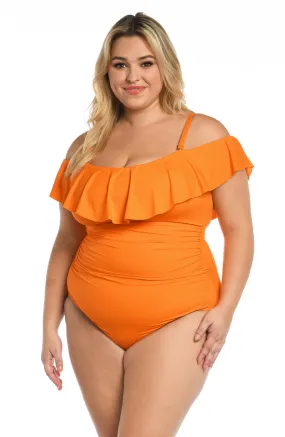 Island Goddess Off Shoulder Ruffle One Piece - Tangerine - FINAL SALE