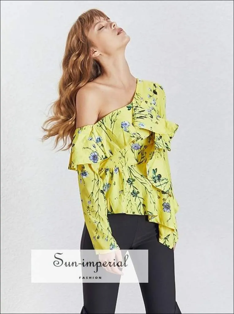 Kim top - Casual Print off Shoulder Women Blouse Long Sleeve Irregular Ruffles Slim Shirt