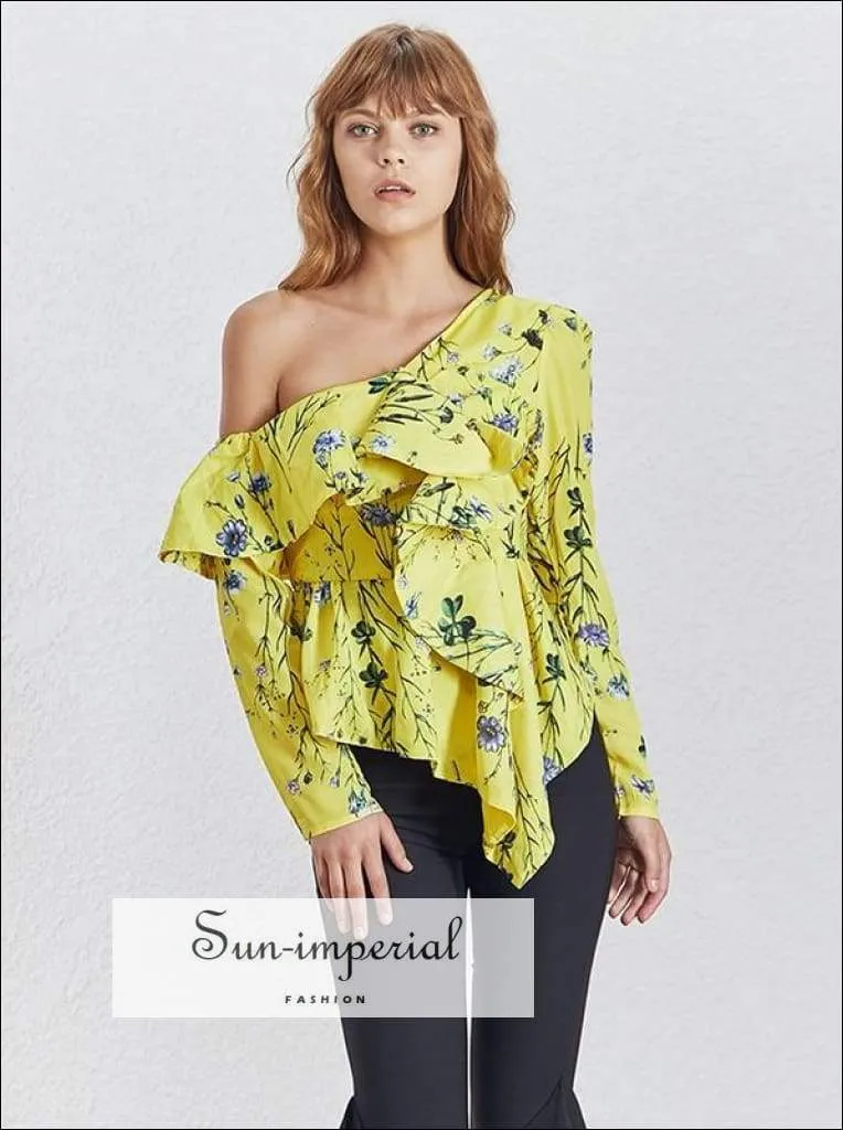 Kim top - Casual Print off Shoulder Women Blouse Long Sleeve Irregular Ruffles Slim Shirt