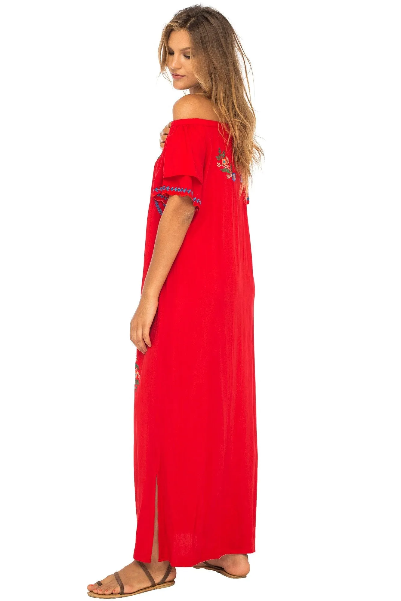 Long Embroidered Off Shoulder Peasant Dress