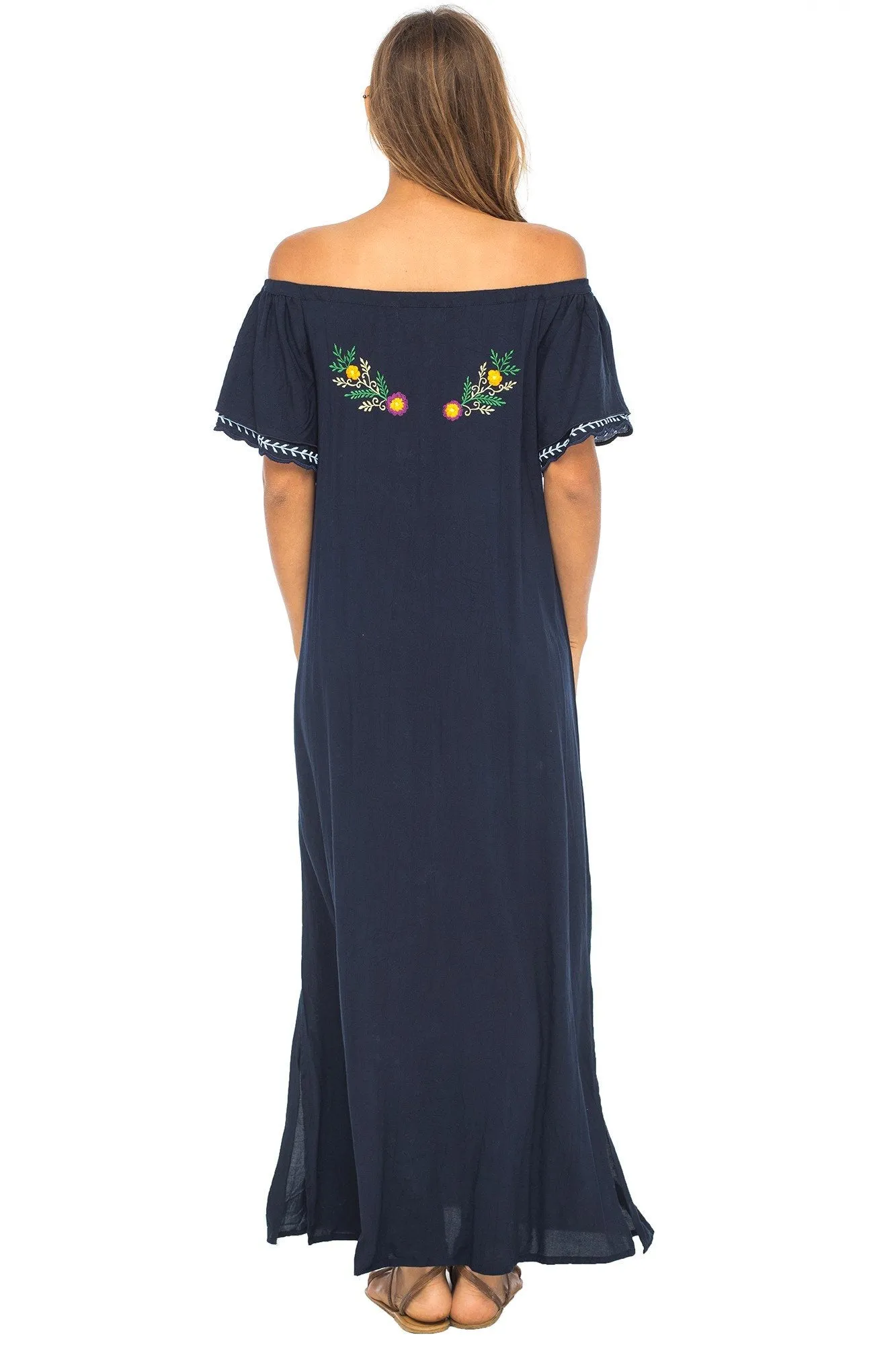 Long Embroidered Off Shoulder Peasant Dress