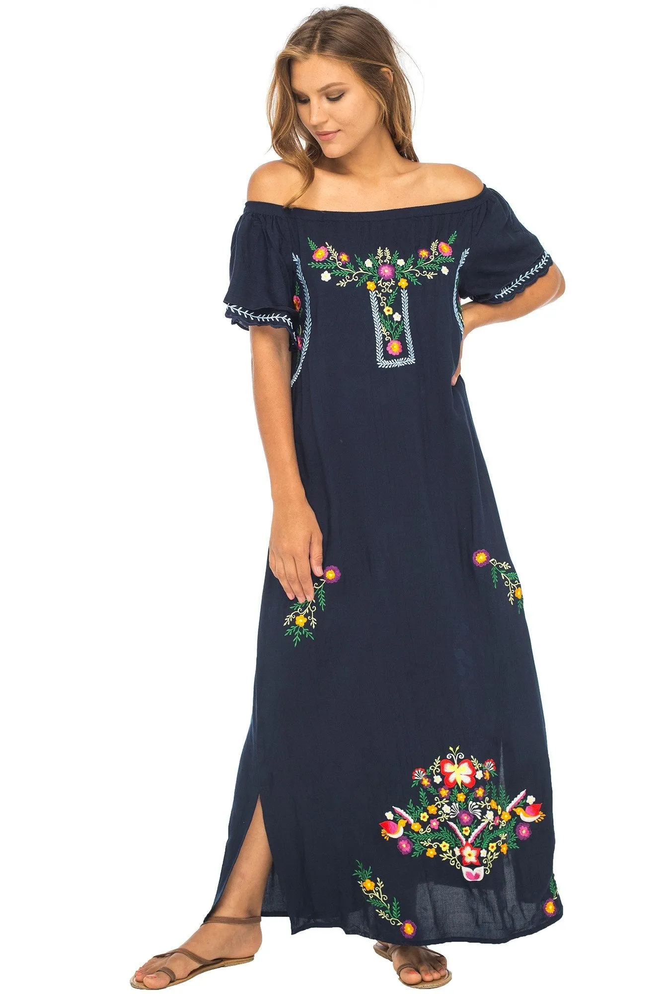 Long Embroidered Off Shoulder Peasant Dress