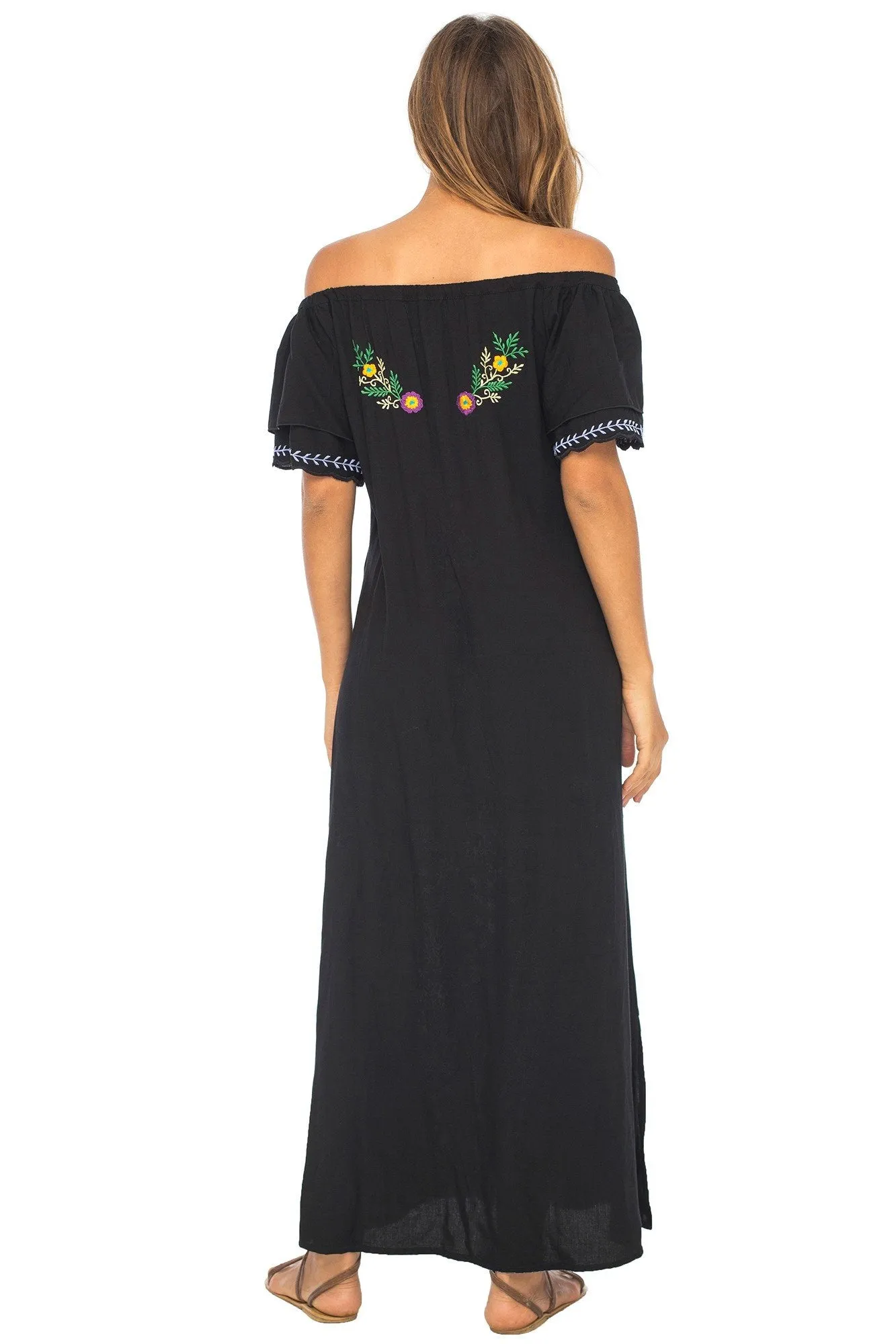 Long Embroidered Off Shoulder Peasant Dress