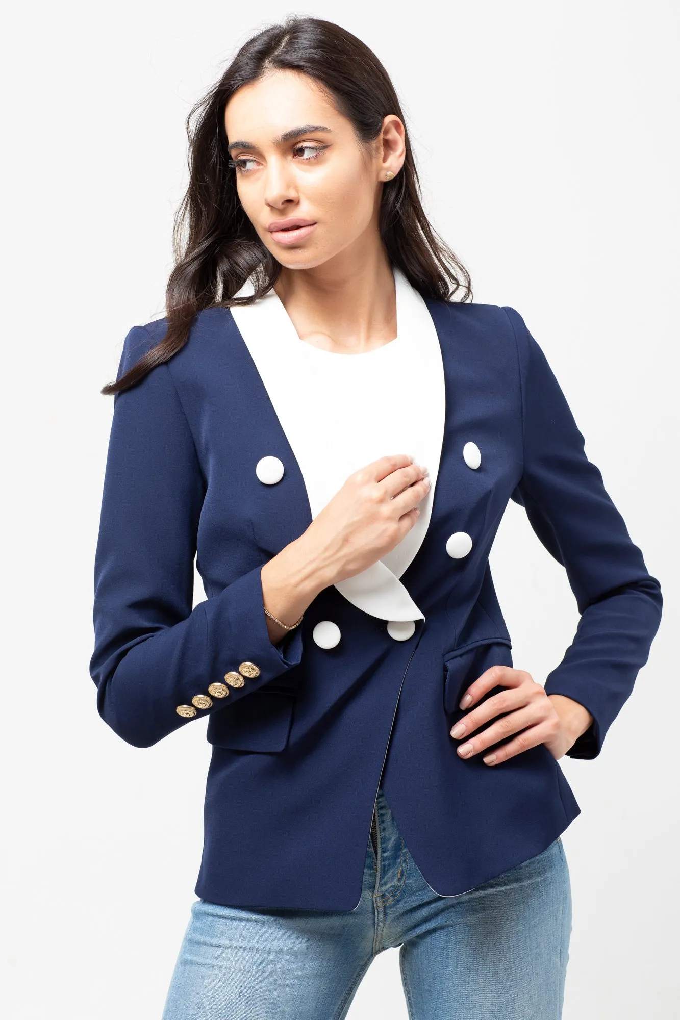 LONG LAPEL NAVY WHITE BUTTON BLAZER