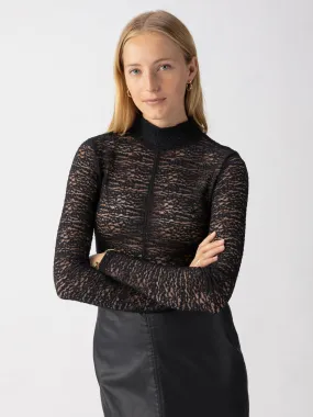 Long Sleeve Textured Mock Neck Top Black