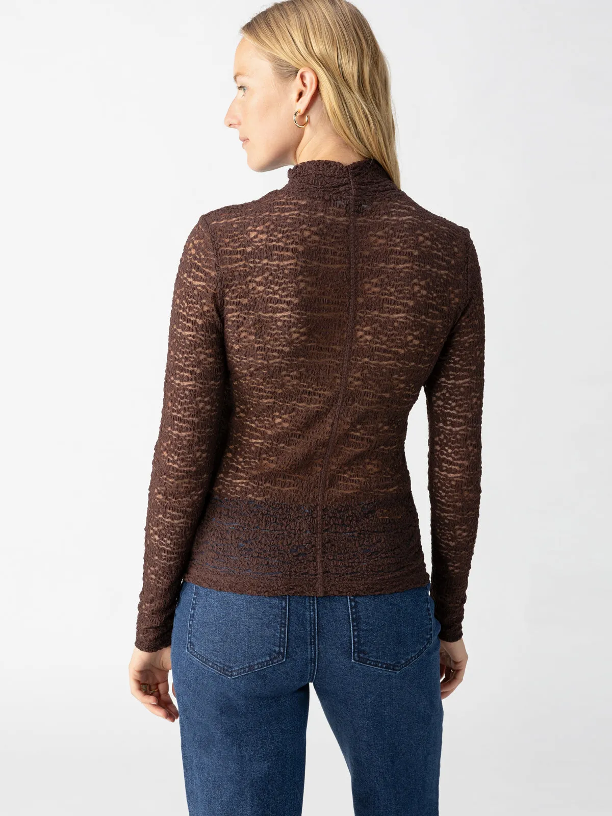 Long Sleeve Textured Mock Neck Top Brown Sugar