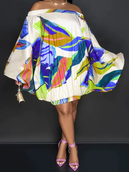 Loose Printed Batwing Sleeve Off-Shoulder Long-Sleeve Dress