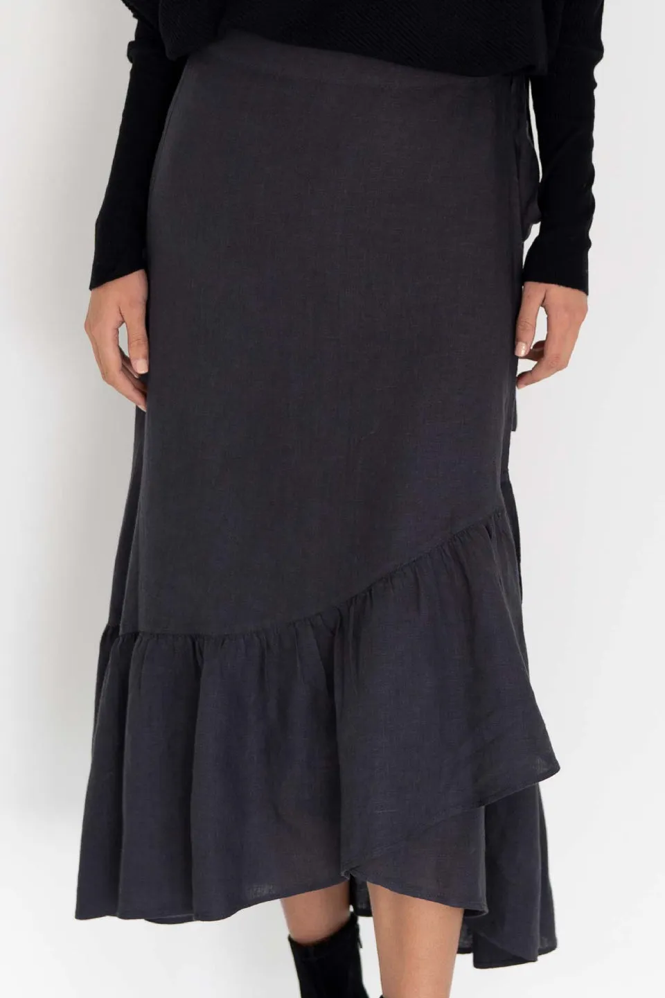 Macy Linen Charcoal Maxi Wrap Skirt