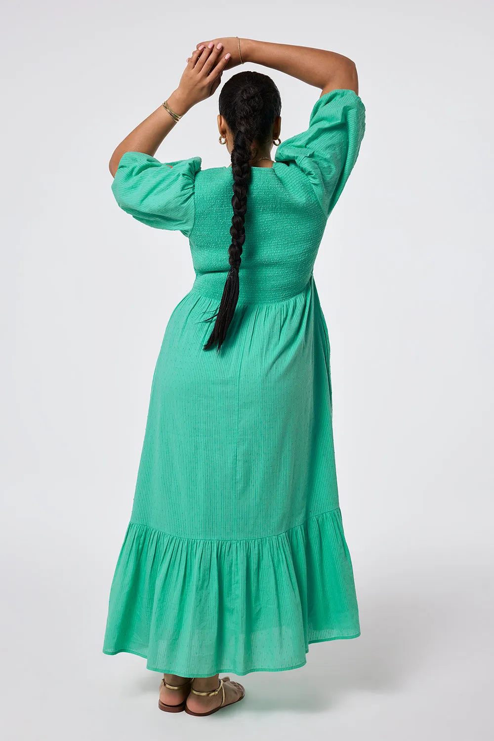 Mint Green Dobby Self Stripe Shirred Puff Sleeve Maxi Dress