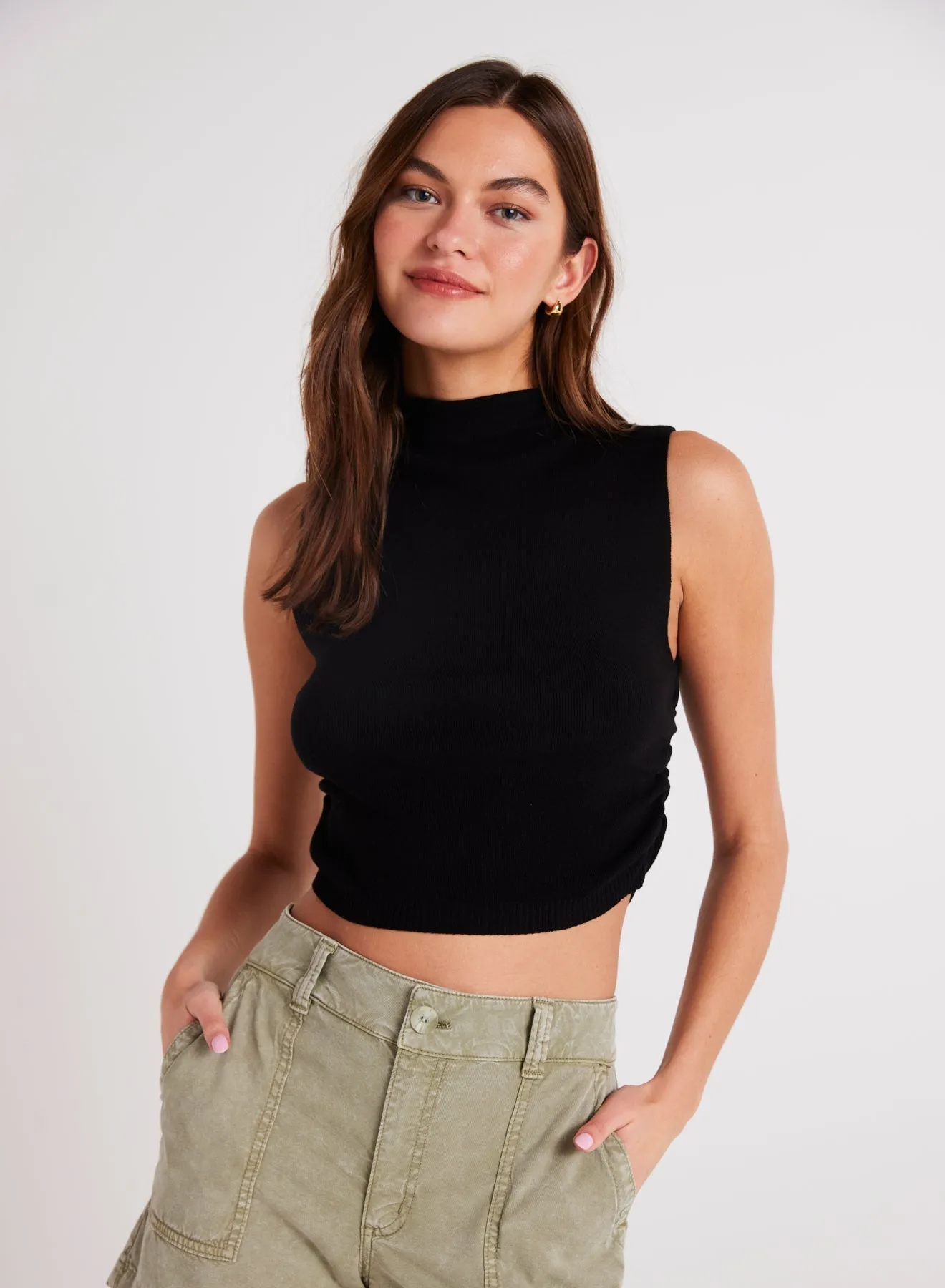 Mock Neck Linen Jersey Top - Black