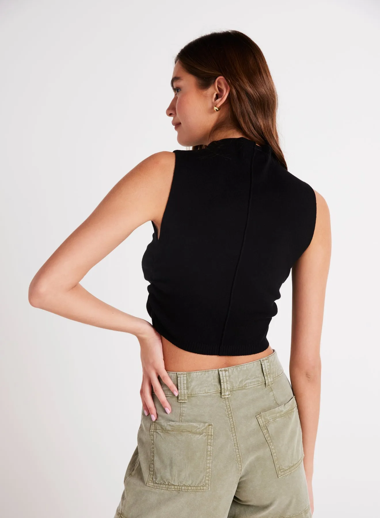 Mock Neck Linen Jersey Top - Black