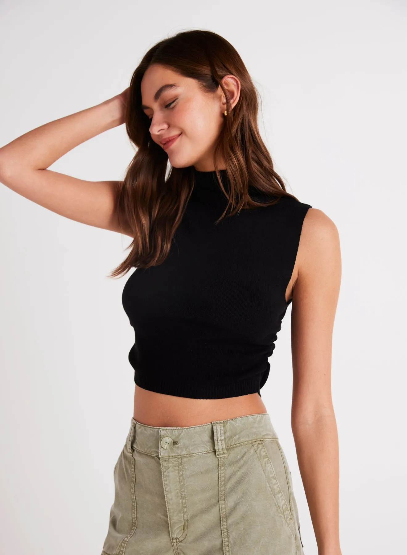 Mock Neck Linen Jersey Top - Black