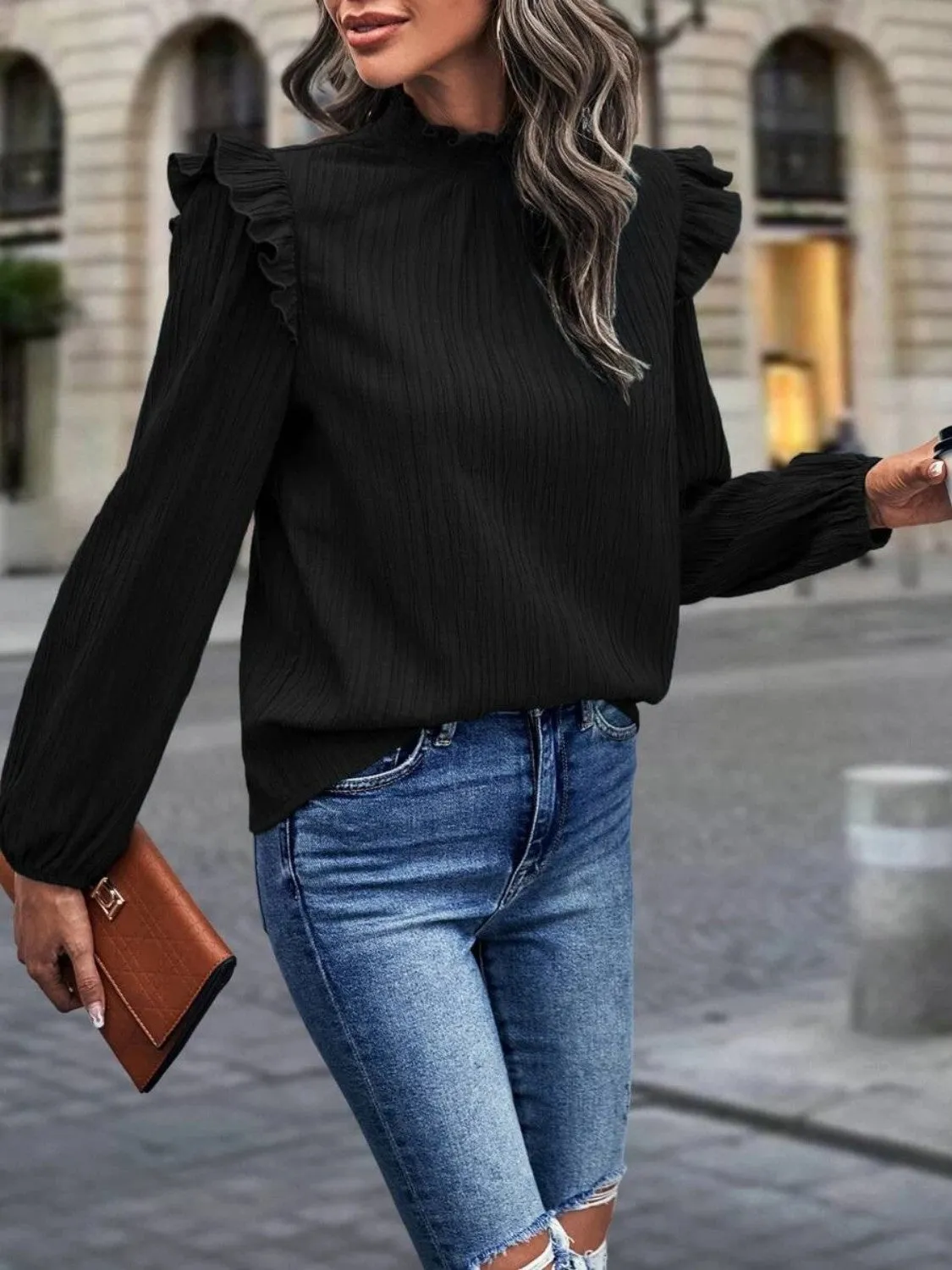 Mock Neck Ruffle Shoulder Blouse