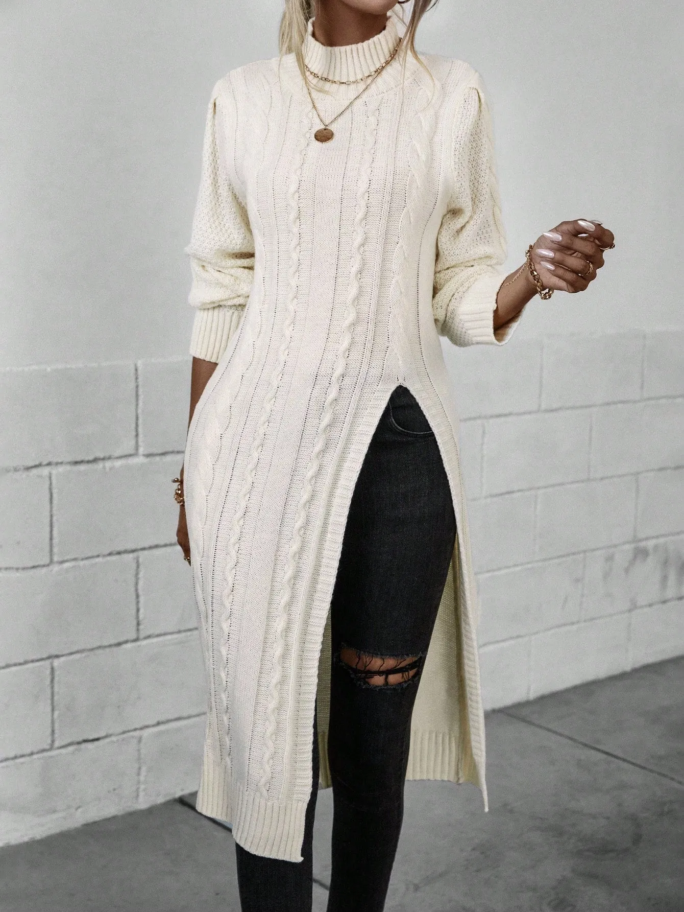 Mock Neck Split Thigh Cable Knit Sweater