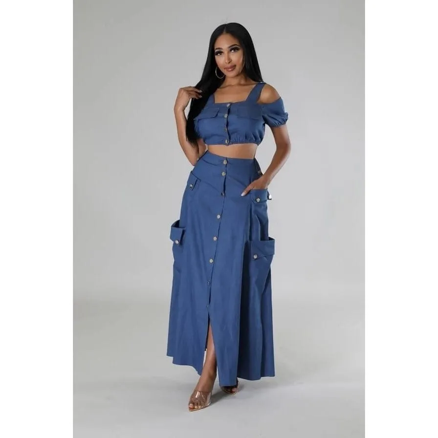 Night Angel Skirt Set With Off shoulder Crop Top