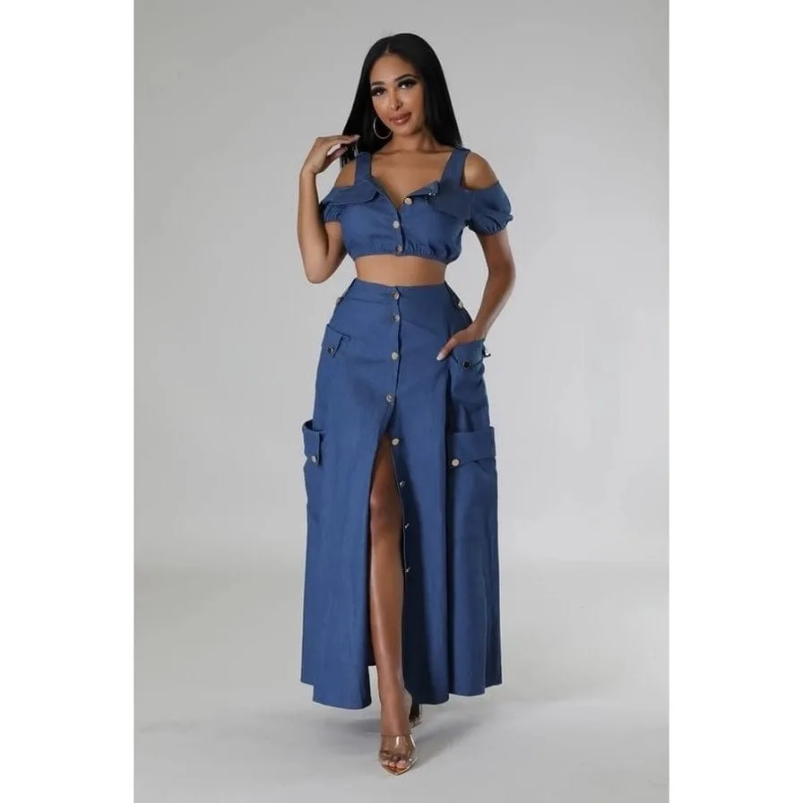 Night Angel Skirt Set With Off shoulder Crop Top