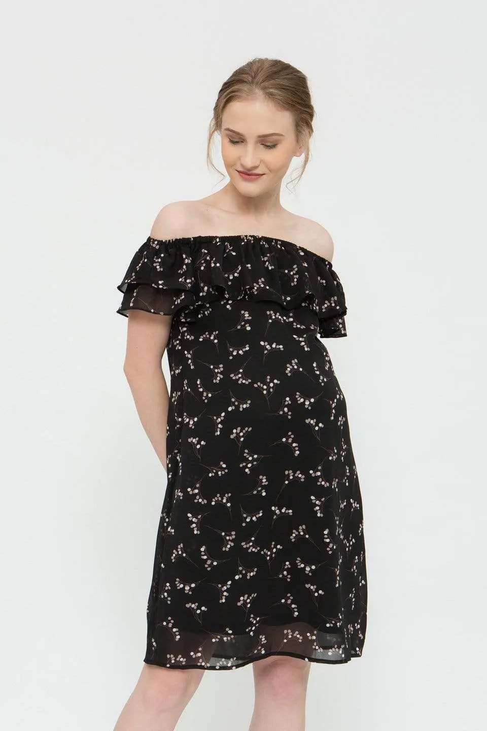 Off Shoulder Clarinda Black Sprigs Nursing Dress