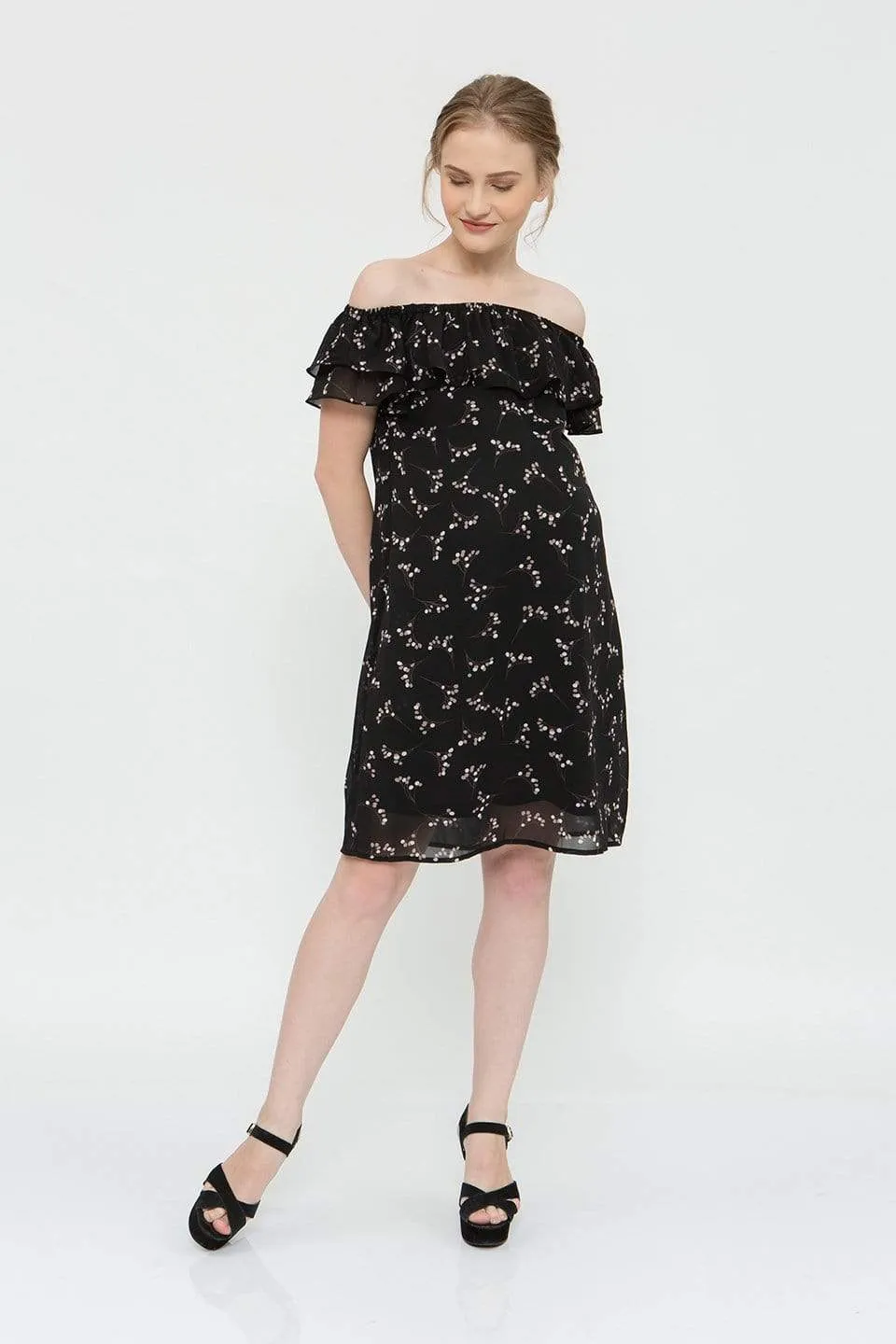 Off Shoulder Clarinda Black Sprigs Nursing Dress