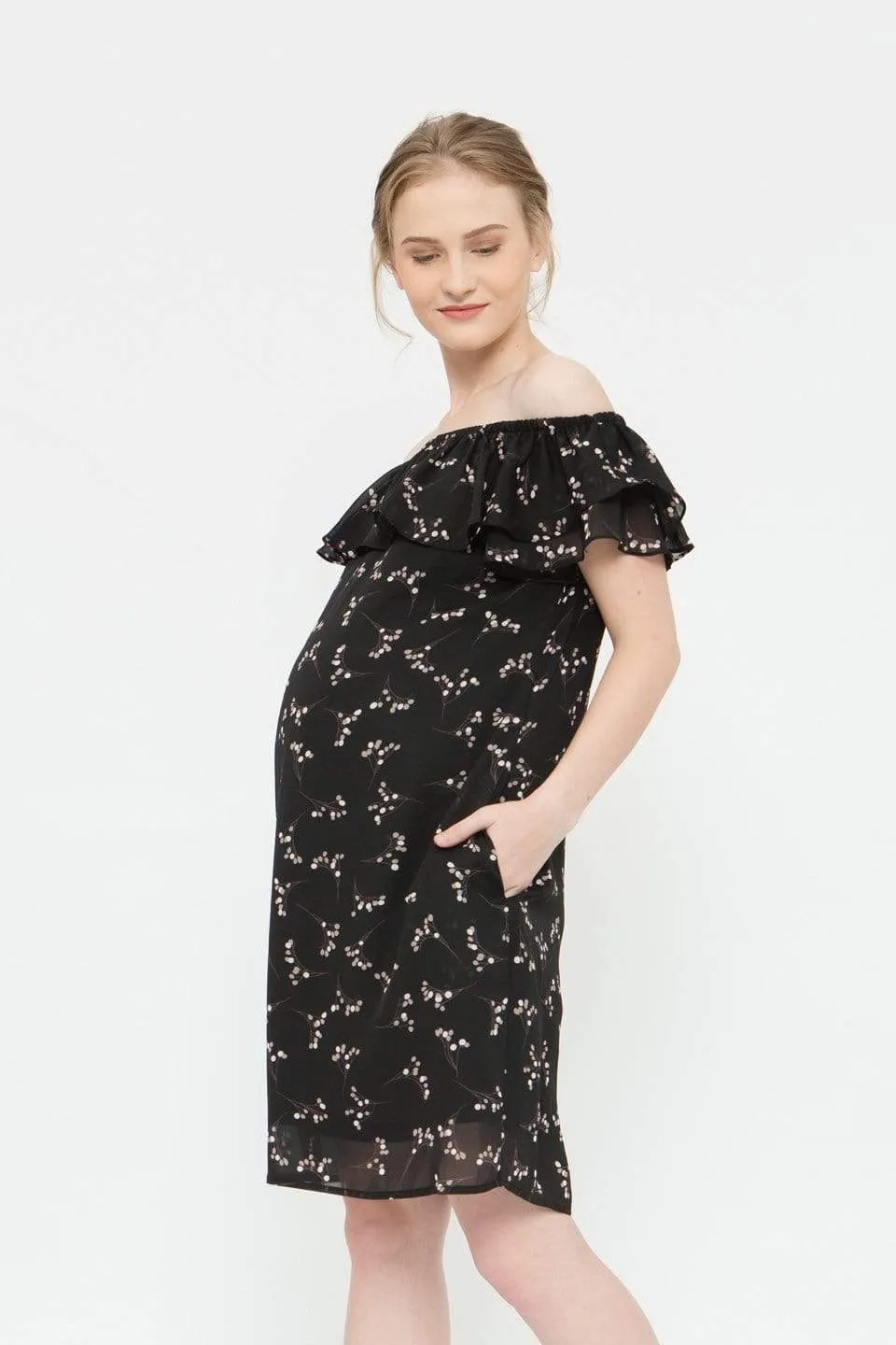 Off Shoulder Clarinda Black Sprigs Nursing Dress