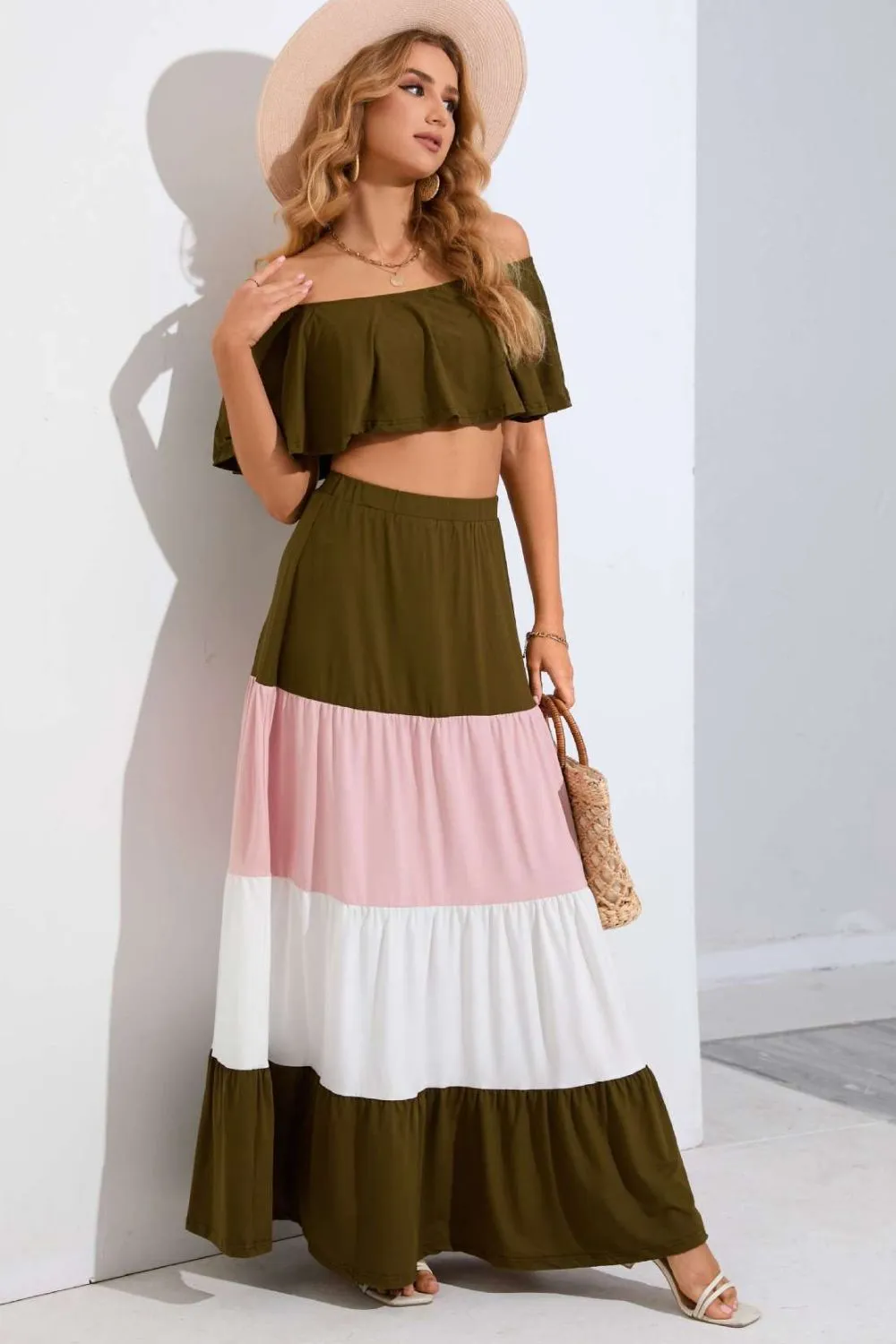 Off-Shoulder Crop Top and Color Block Tiered Skirt Set