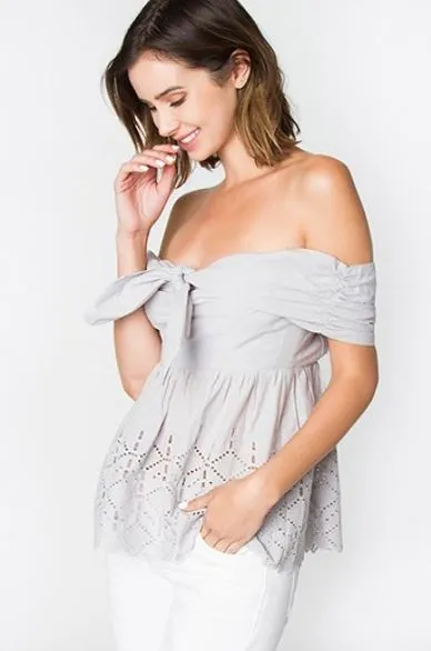 Off The Shoulder Front Tie Embroidered Top