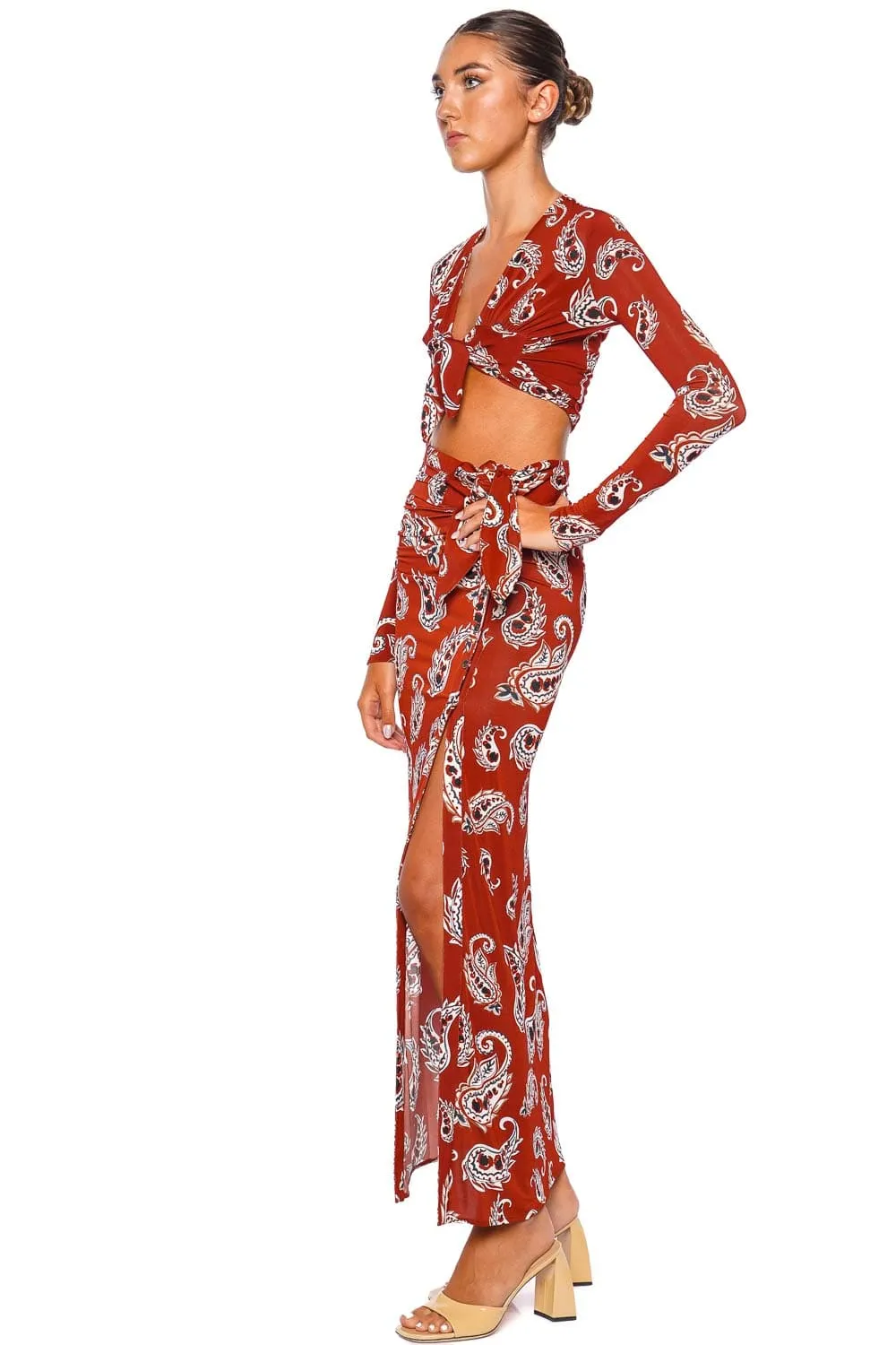 Paisley Terracotta Jersey Wrap Maxi Skirt