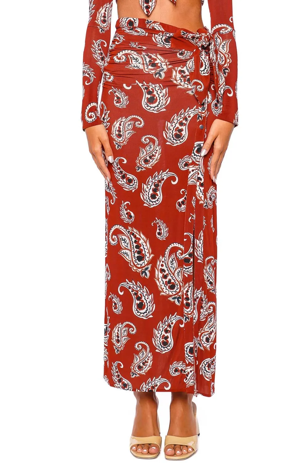 Paisley Terracotta Jersey Wrap Maxi Skirt