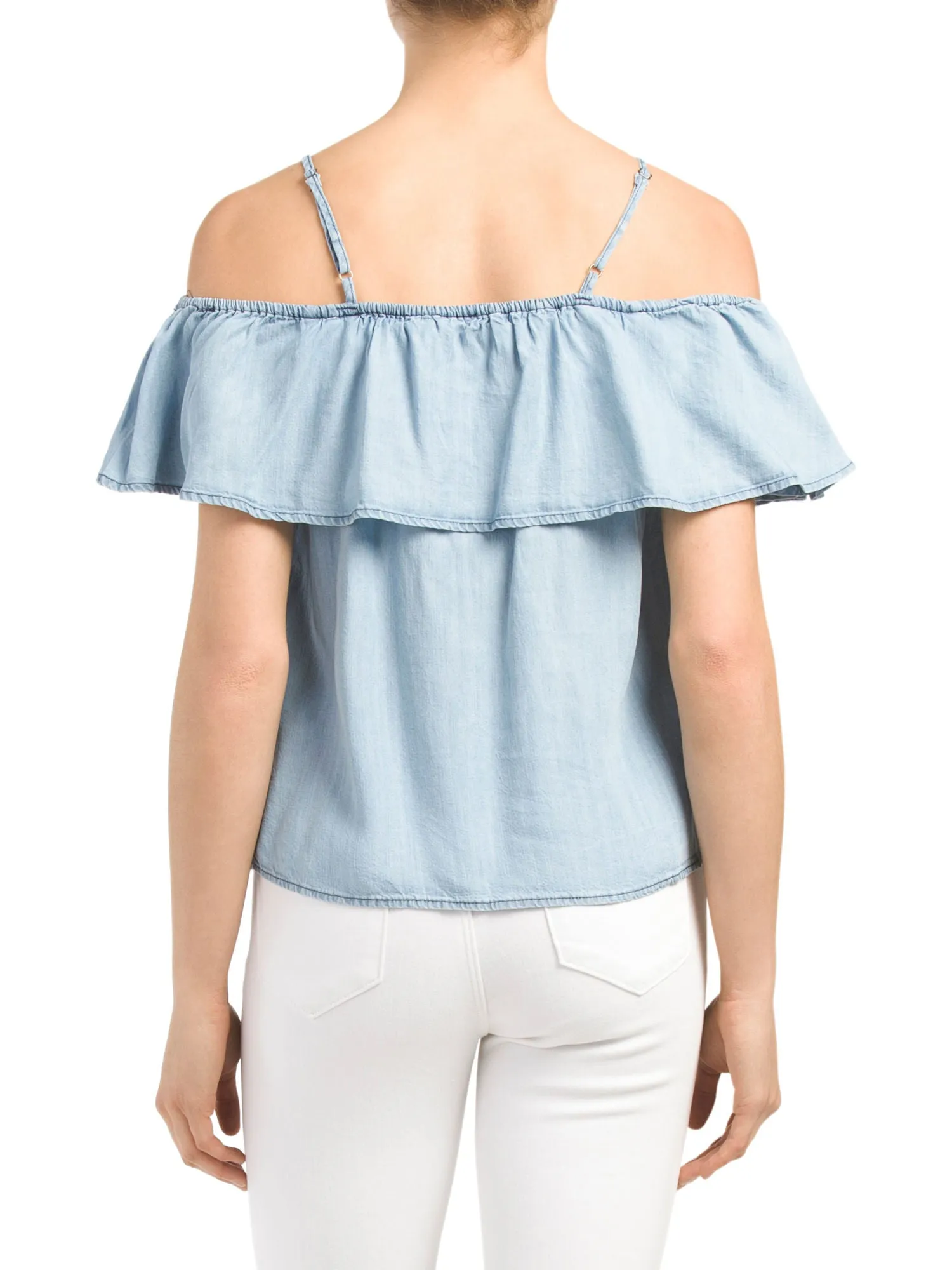 PAPERCRANE Juniors Cold Shoulder Chambray Top