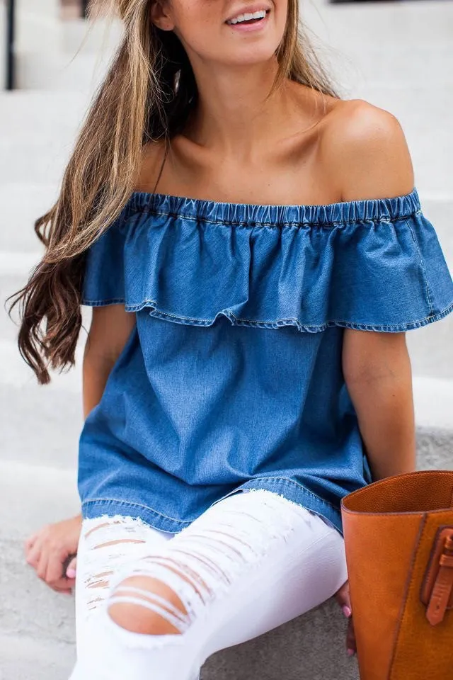 PAPERCRANE Juniors Cold Shoulder Chambray Top