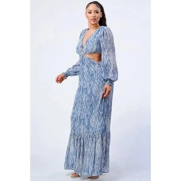 Printed V Neck Self Belted Side Cut Out Ruffled Maxi Dress