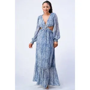 Printed V Neck Self Belted Side Cut Out Ruffled Maxi Dress