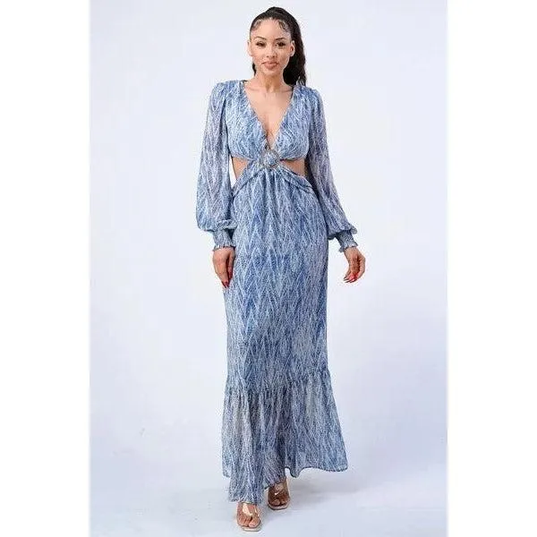 Printed V Neck Self Belted Side Cut Out Ruffled Maxi Dress