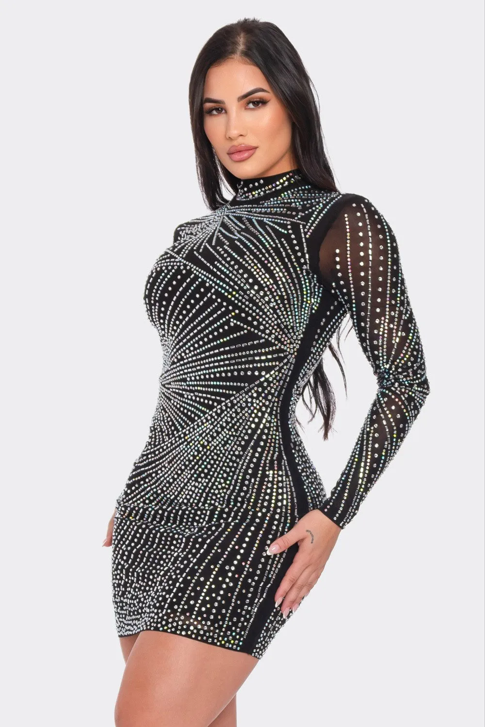 RHINESTONE MESH MOCK NECK BODYCON DRESS