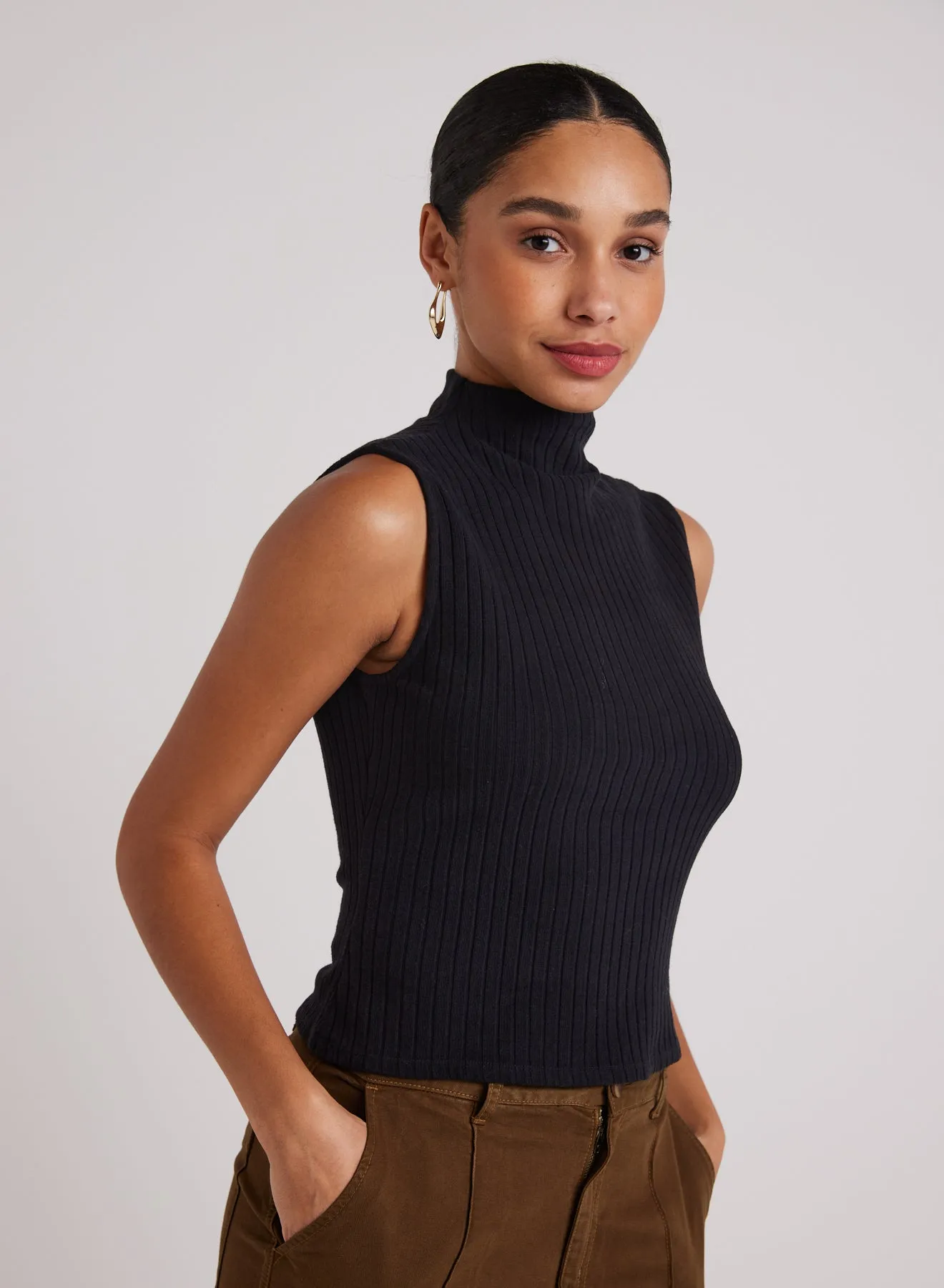 Rib Mock Neck Top -  Black