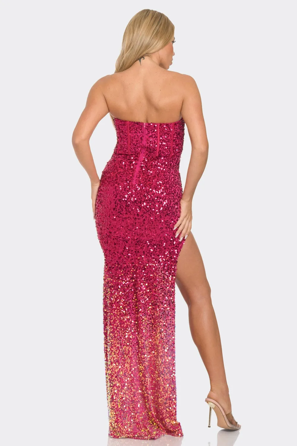 SEQUIN BUSTIER OFF SHOULDER MAXI DRESS