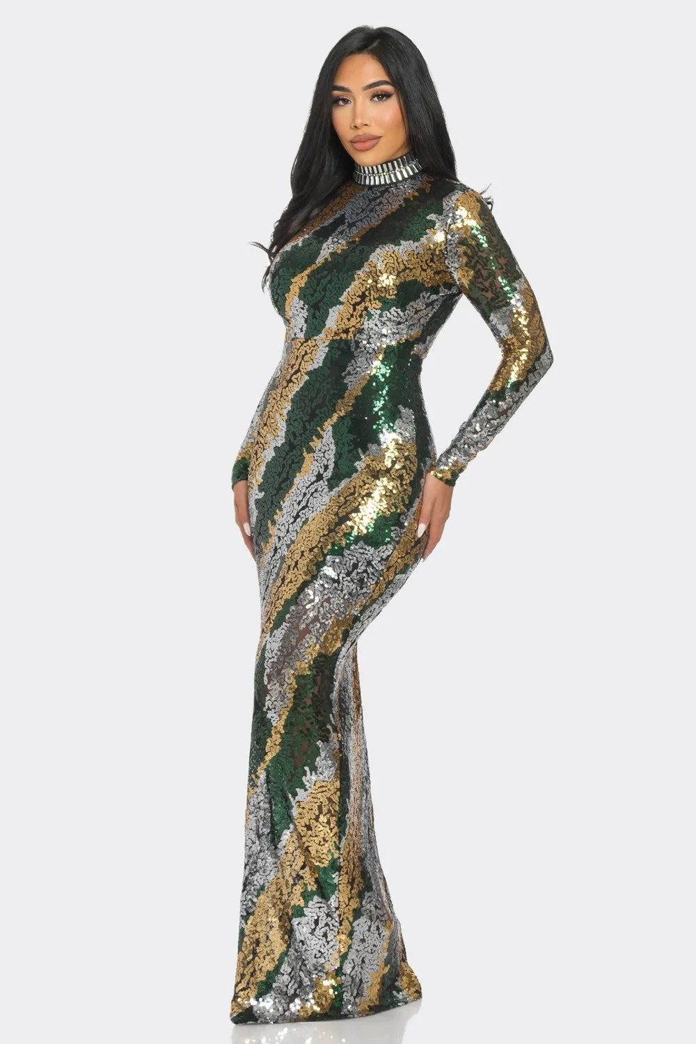 SEQUIN MOCK NECK LONG SLEEVE MAXI DRESS