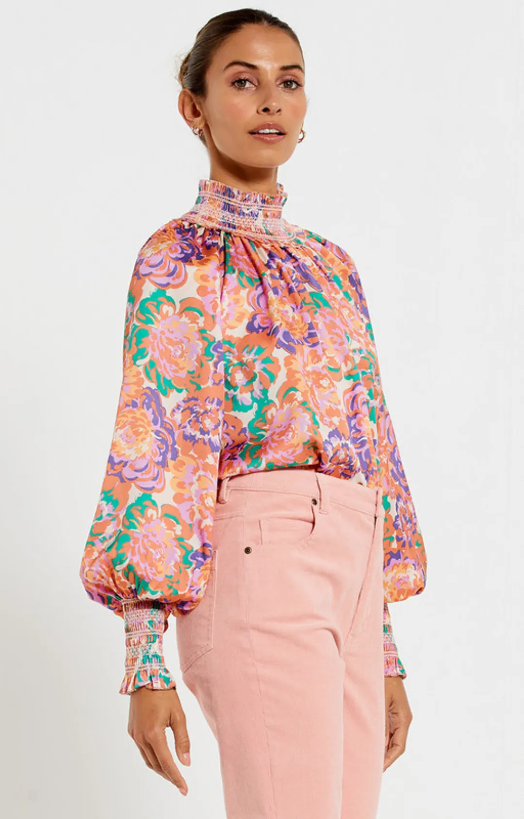 Shirred Neck Top - Peony Floral