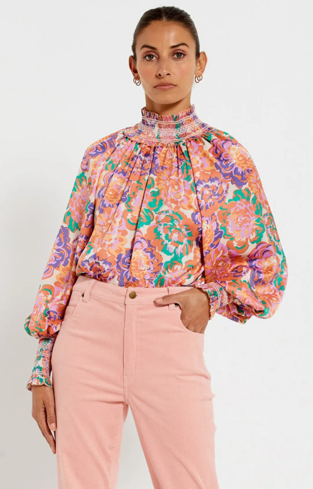 Shirred Neck Top - Peony Floral