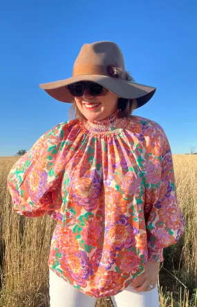 Shirred Neck Top - Peony Floral