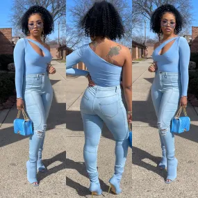 Shoulder Off  View Action Bodysuit ( Sky Blue)