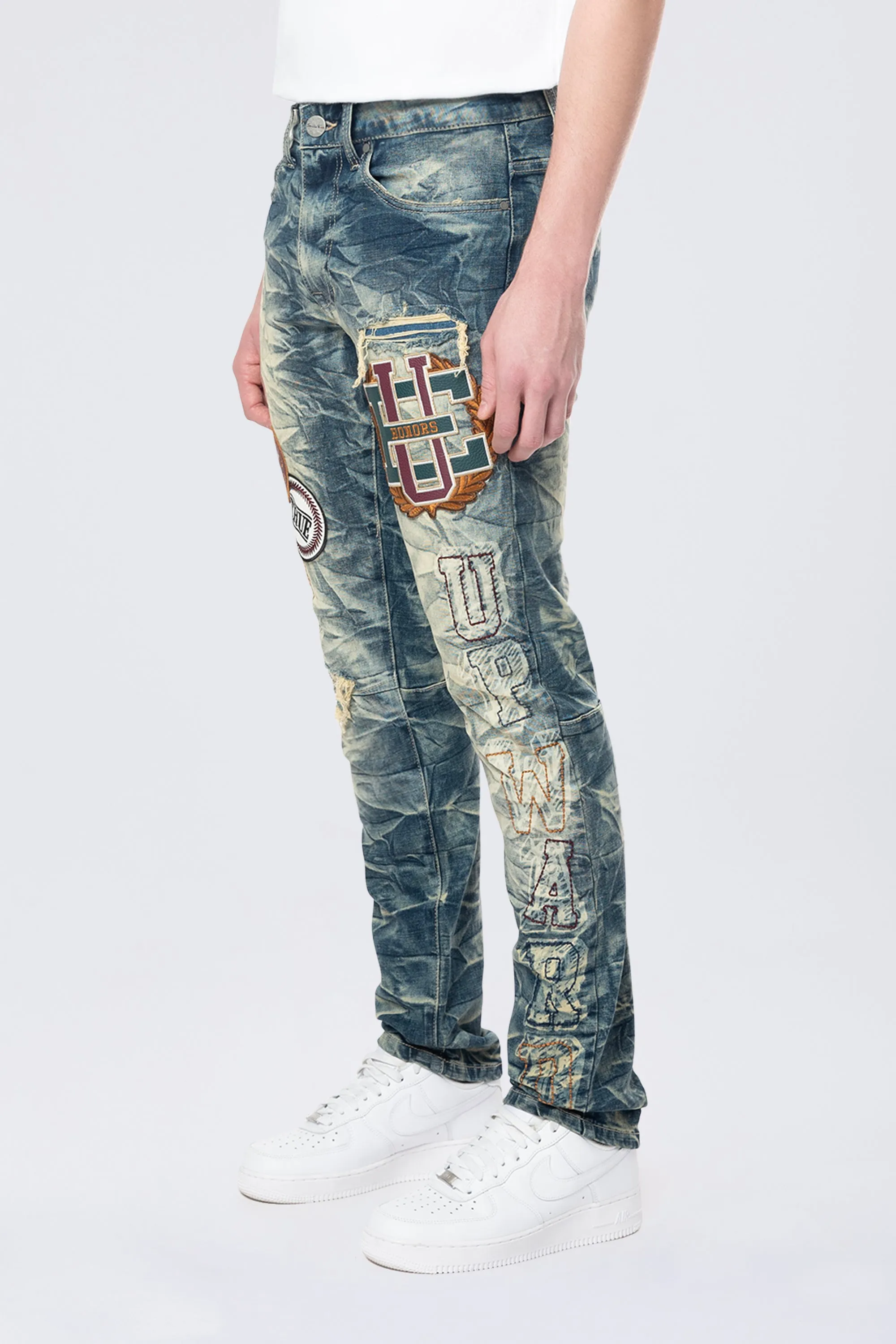 Slim Varsity Patch Jeans - Alley Blue