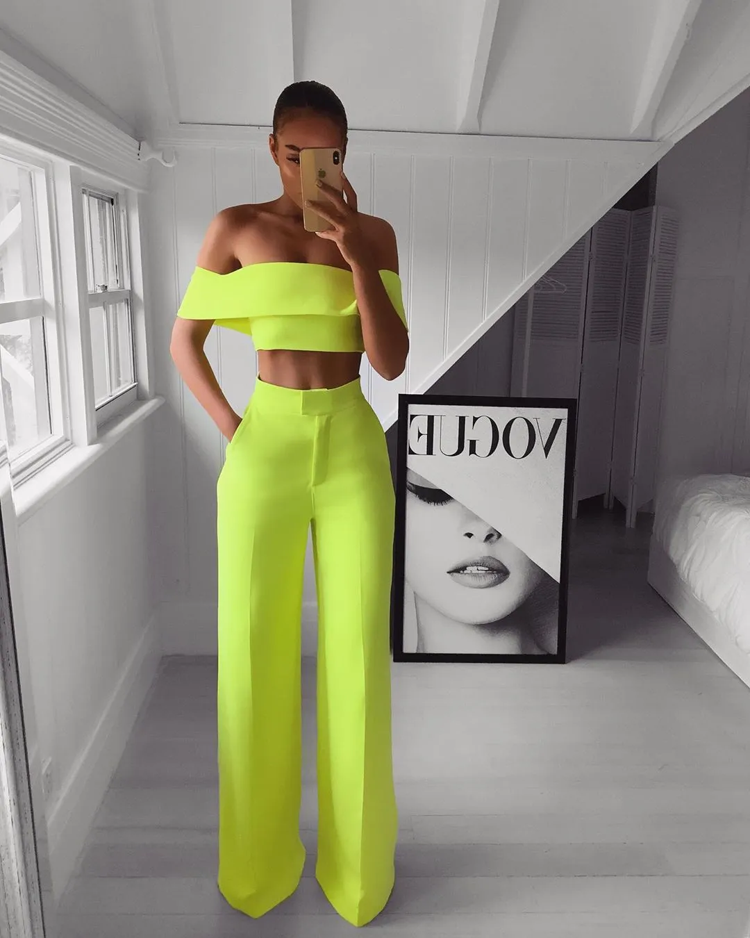 Slimming Off Shoulder Crop Top Wideleg Crop Pants