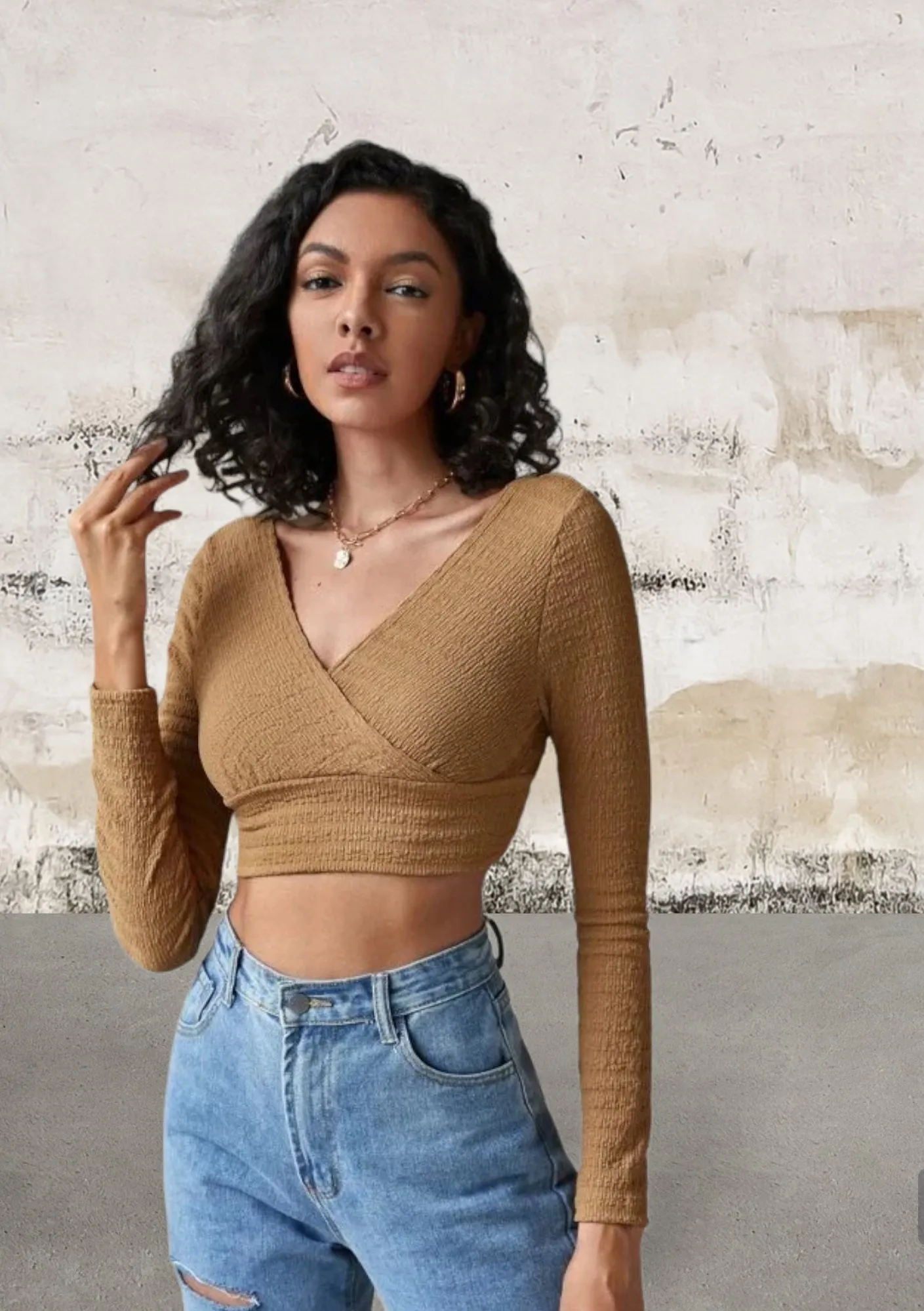 Solid Surplice Neck Crop Top